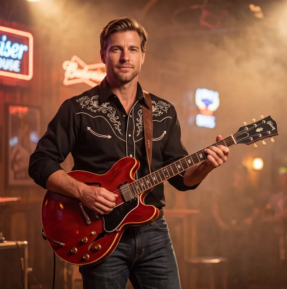 Dillon Hayes performing guitar in a honky-tonk