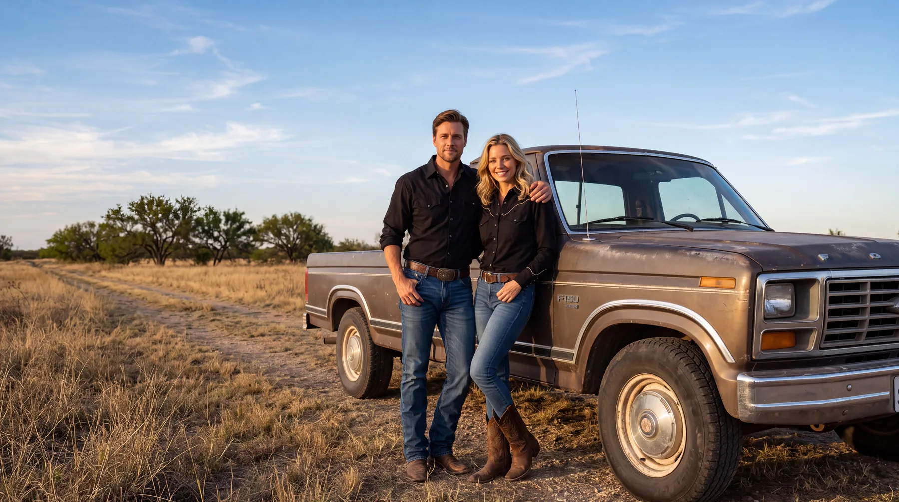Texas Drank beside a vintage pickup in the Texas countryside
