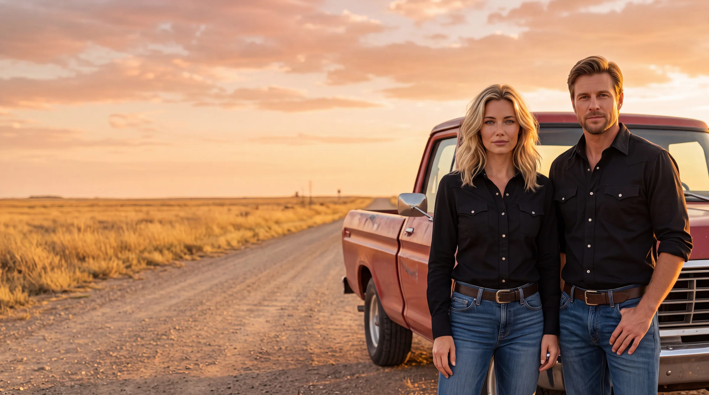 Texas Drank standing beside a vintage pickup on a Texas road at sunset