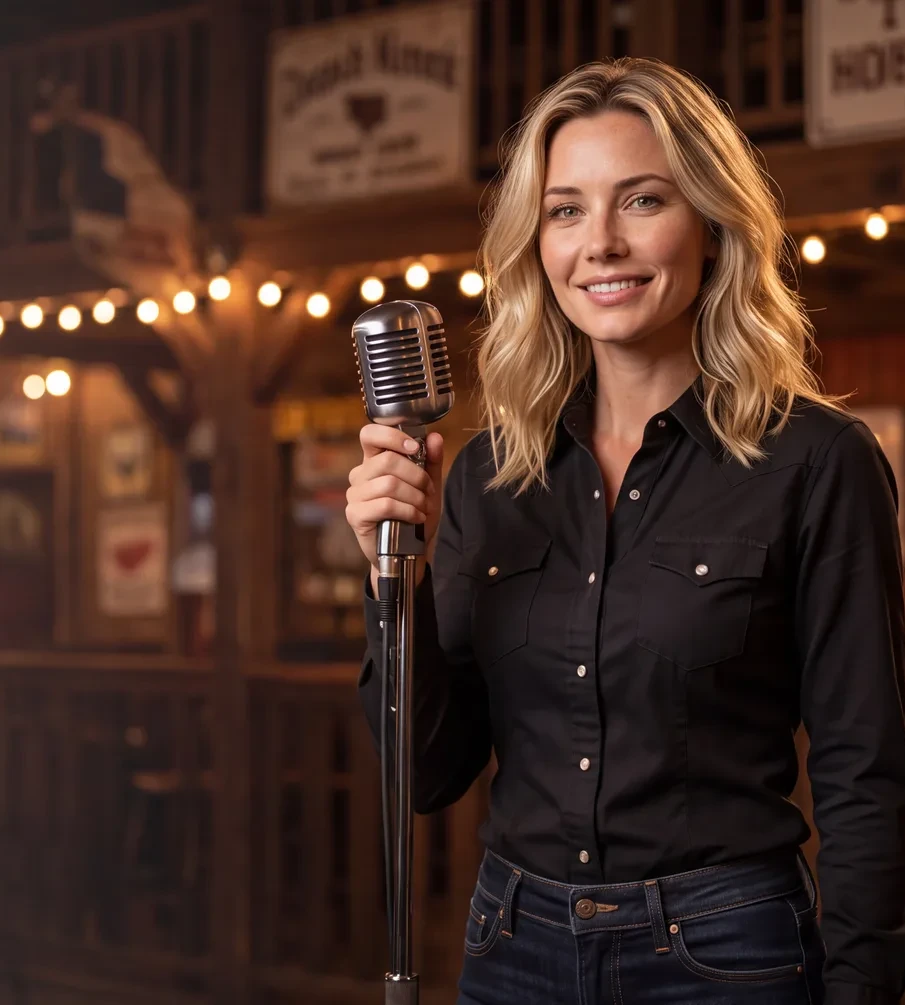 Jane Mercer performing with a vintage microphone